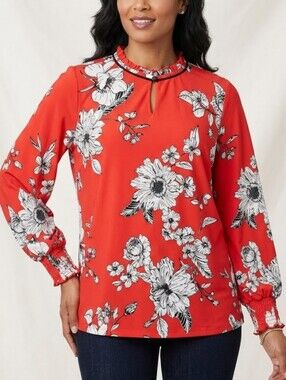 Susan Graver Smock Cuff Red Black White Floral Keyhole Ruffled Collar Blouse Top